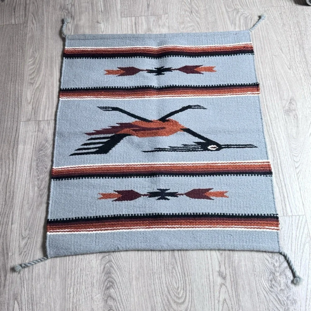 VTG Chimayo Aztec Zapotec Rug Tapestry 100% Wool Hand Woven 32x27
